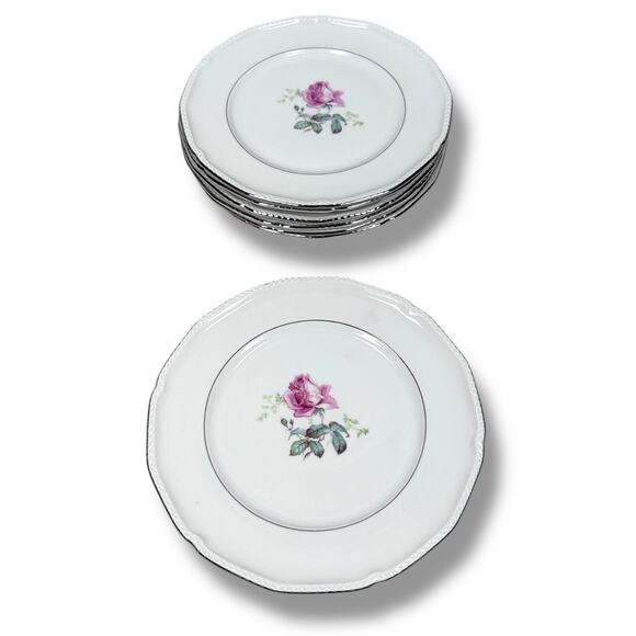Royal Bayreuth Salad Plates 8.5" Pink Rose Platinum Rim Roped Edge Lot of 7 - Picture 1 of 6